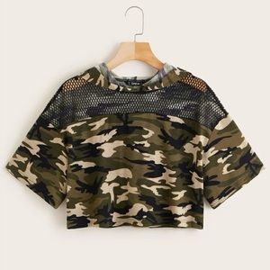 SHEIN/ROMWE Camo Print Fishnet Yoke Trim Crop Hoodie